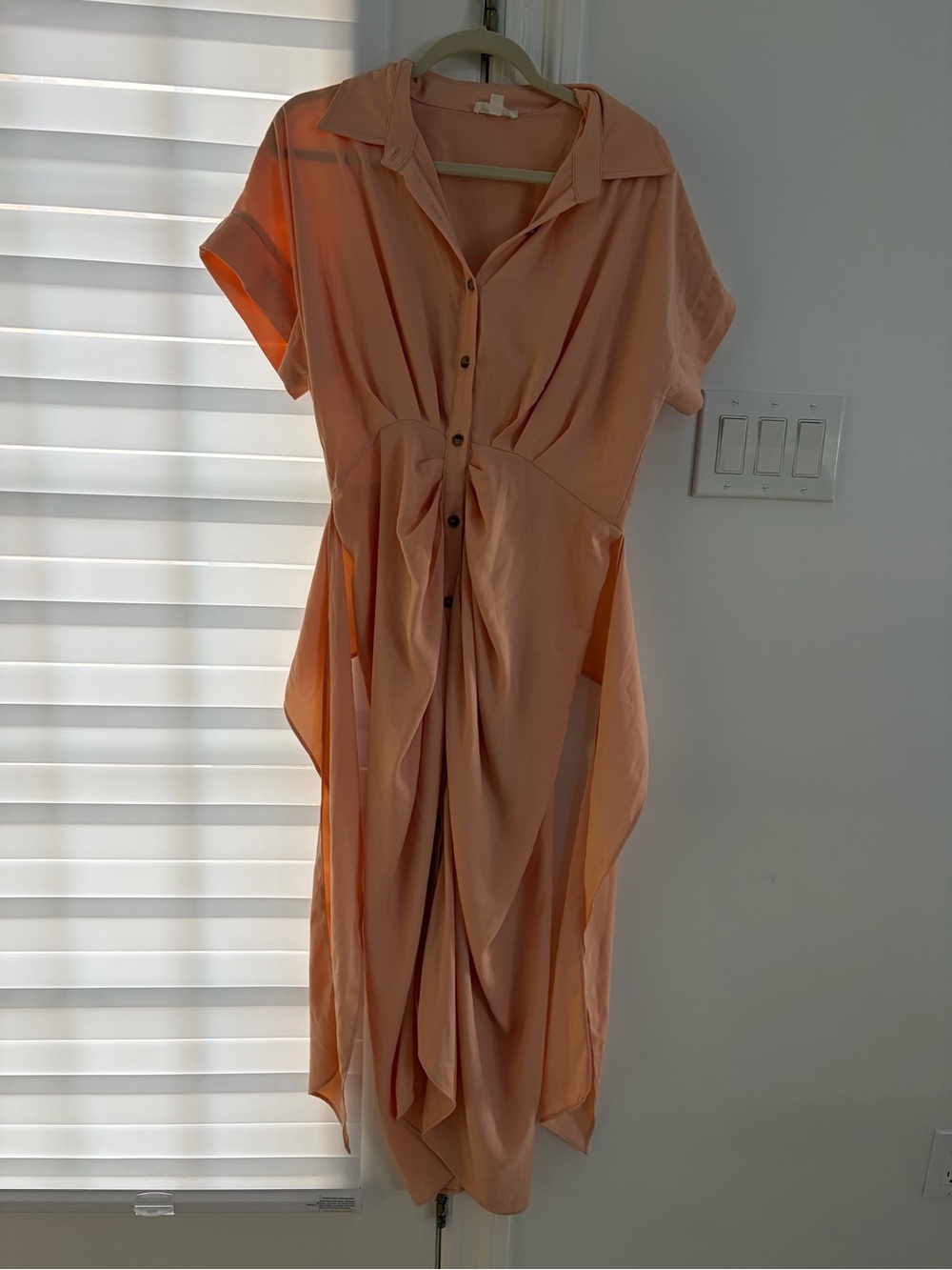 Dance & Marvel Peach Button-Front Midi Dress with Draped Waist